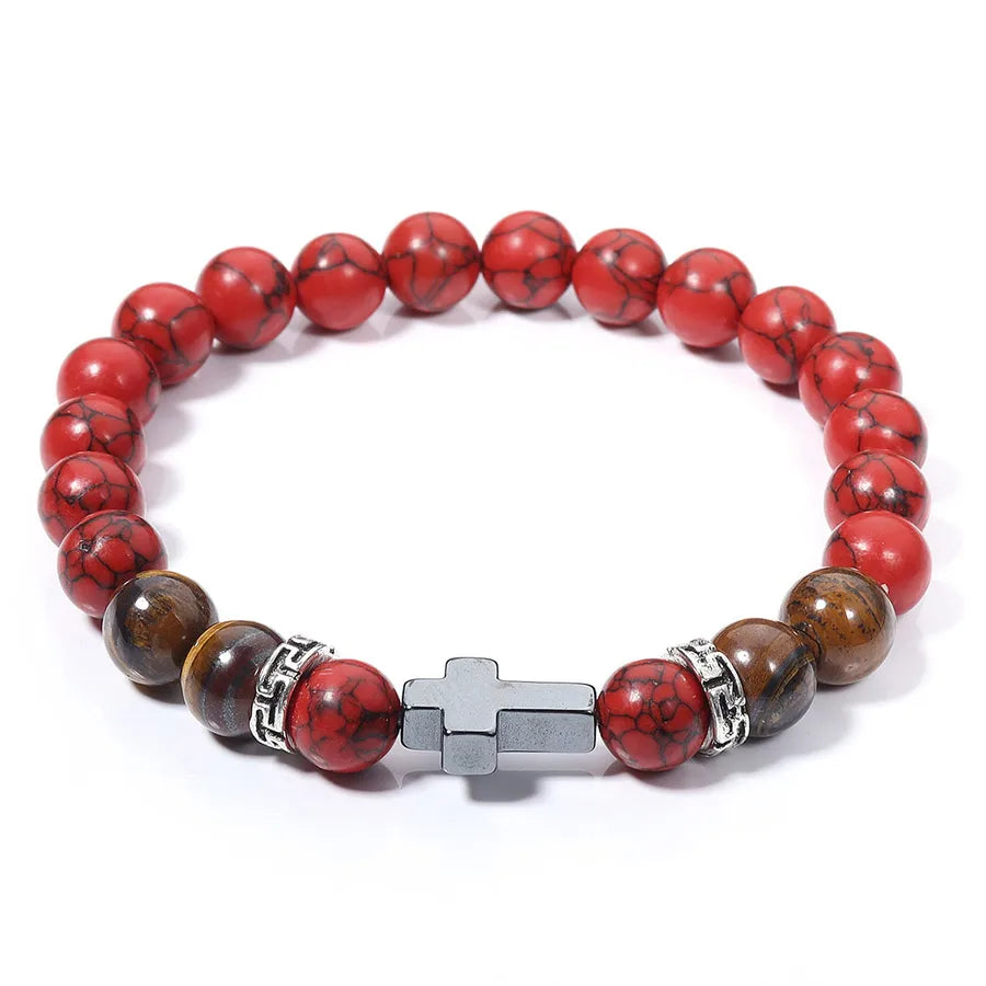 Hot-Selling Cross Beaded Bracelet Turquoise Tiger Eye Stone Men's Bracelet Yiwu Jewelry Wholesale Stall