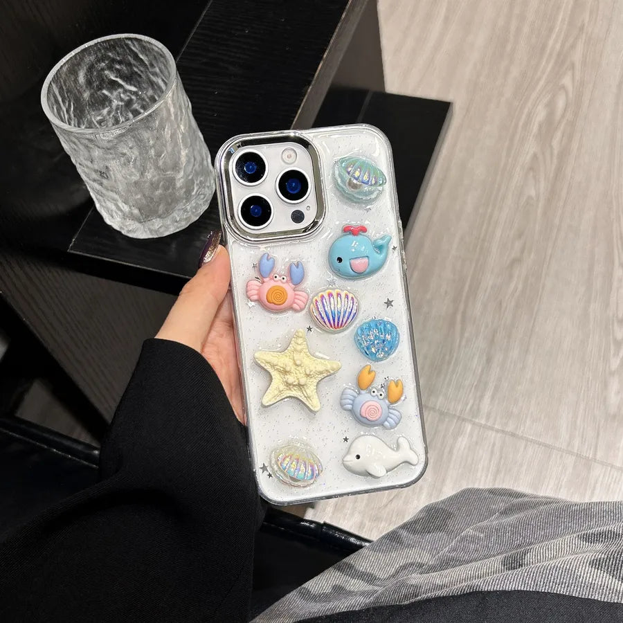 Ocean Life iPhone 15 Pro Max Phone Case Women's Style Drip Glue Protective Cover Personalized Design Handmade TPU Transparent Black