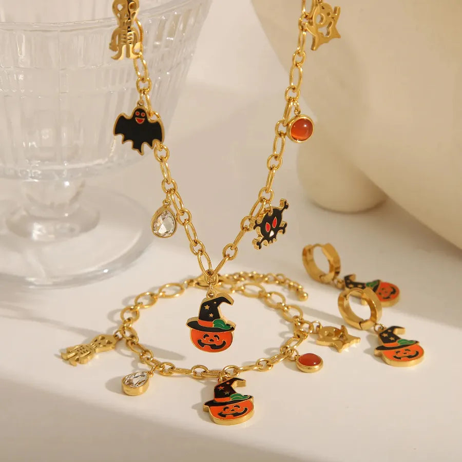 Halloween Series Pumpkin Funny Stainless Steel Plated 18K Gold Pendant Necklace Women's Artistic Commute Style Four Seasons Universal