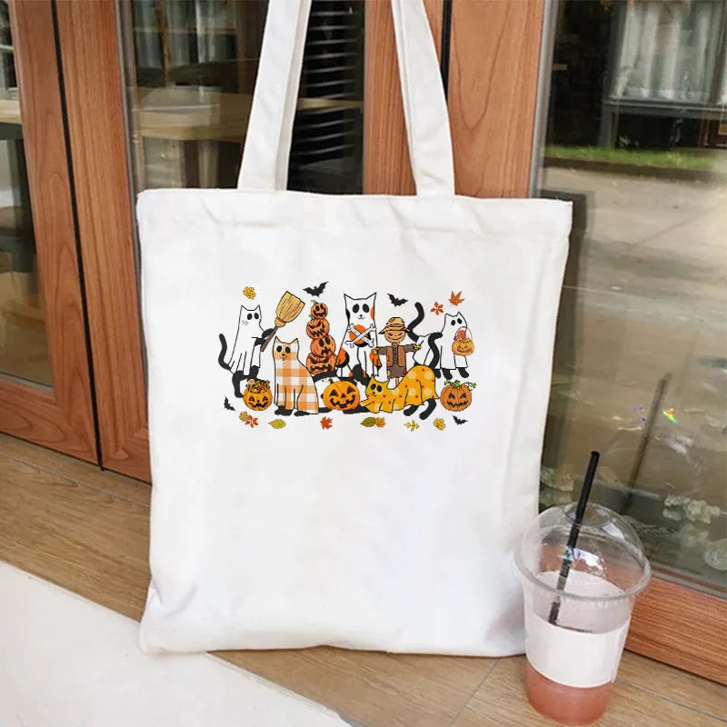 Cute Cat Halloween Party Bag Women Ghost Canvas Tote Bag Harajuku Fashion Shopping Bag Square Shape Large Size Retro Print