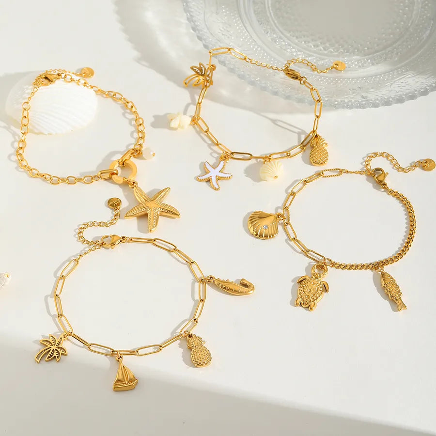 Cute Sweet Ship Shell Fish 304 Stainless Steel 18K Gold Plated Zircon Paperclip Chain Multi Charms Bracelet In Bulk