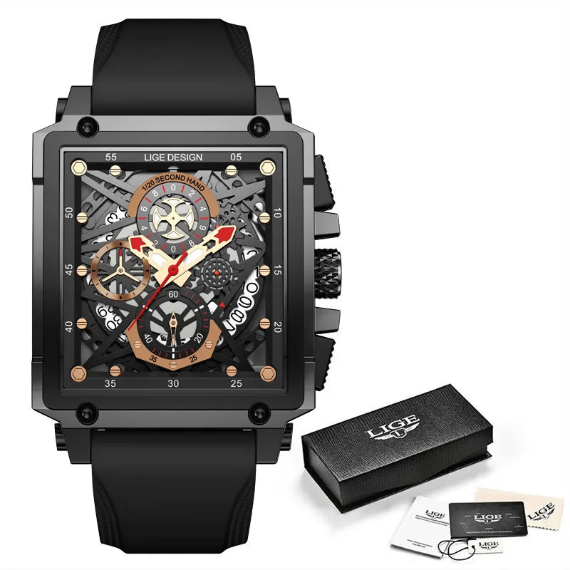LIGE/LIGE  new men's watch Square multi-function chronograph 30m waterproof watch
