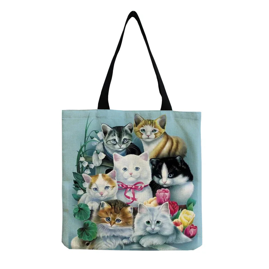 women's all seasons linen cat simple style square open canvas bag