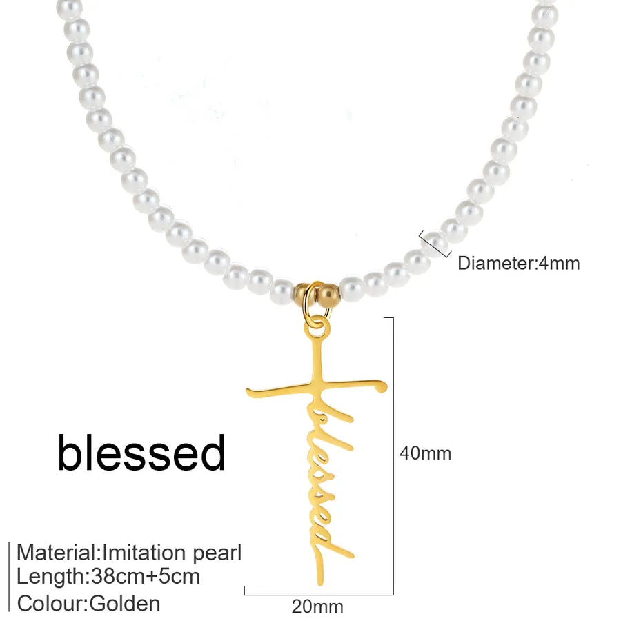 Elegant Simple Style Cross Letter 304 Stainless Steel Imitation Pearl Beaded Chain Beaded Necklaces Wholesale