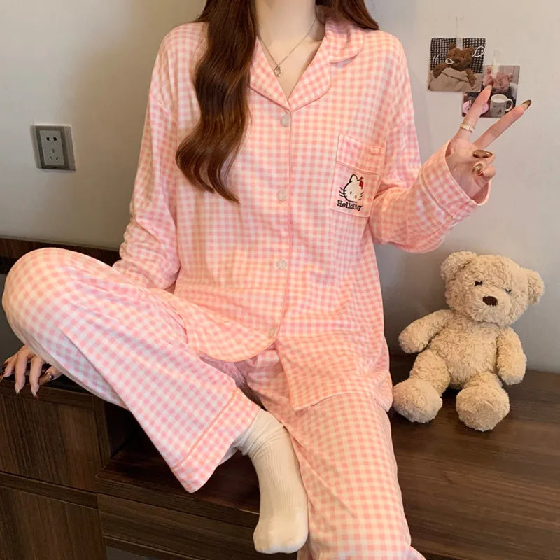 Sweet Heart Plaid Long Sleeve Sleepwear Set Women's Home Clothes Spring Autumn Season Polyester Milk Silk Thin Breathable Casual