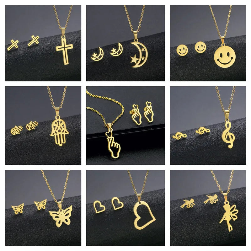 Wholesale Jewelry IG Style Casual Streetwear Moon Hand Of Fatima Butterfly 201 Stainless Steel cable chain Small Stud Earrings Necklace