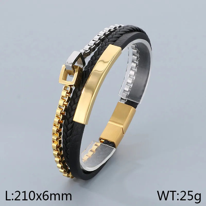 Business Geometric 304 Stainless Steel Leather Layered 18K Gold Plated Men's Bangle
