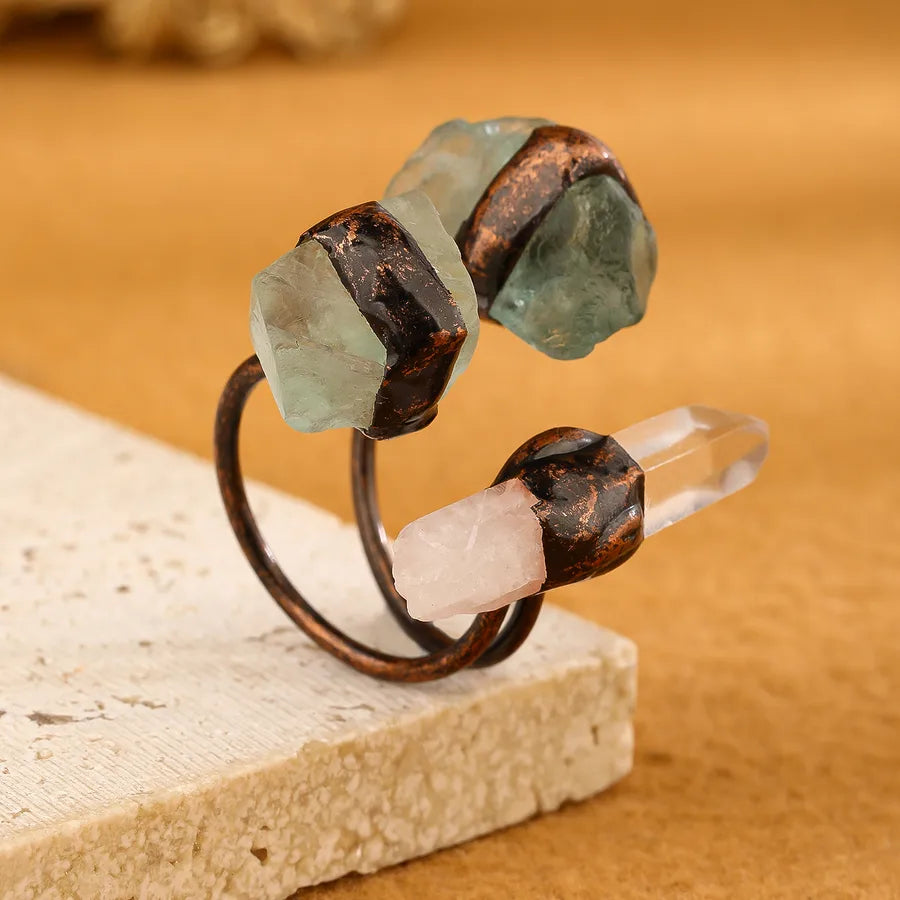 Retro Baroque Style Geometric Copper Natural Stone Crystal Open Rings In Bulk