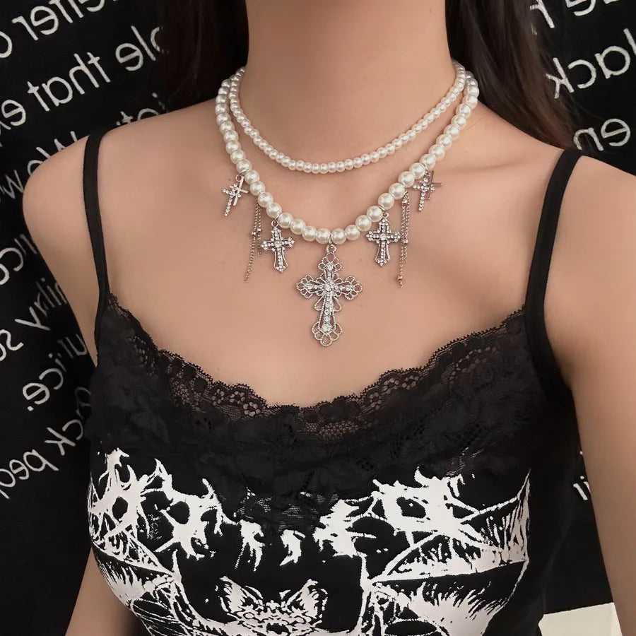 Punk Round Imitation Pearl Alloy Beaded Chain Beaded Necklaces Wholesale