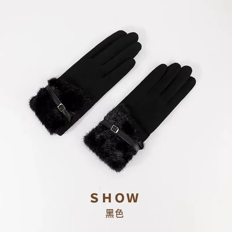Warm Outdoor Suede Gloves Women's Winter Fashionable Windproof Cold-resistant Faux Fur Edged Gloves Bulk Shipping Available