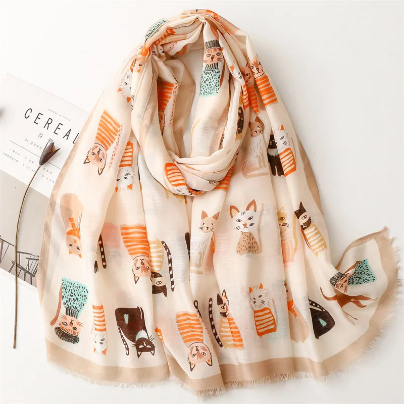 Factory Sales   Live Broadcast Cute Kitten Paradise Printed Silk Scarf Satin Cotton Long Scarf Spring and Autumn Sunscreen Travel Scarf