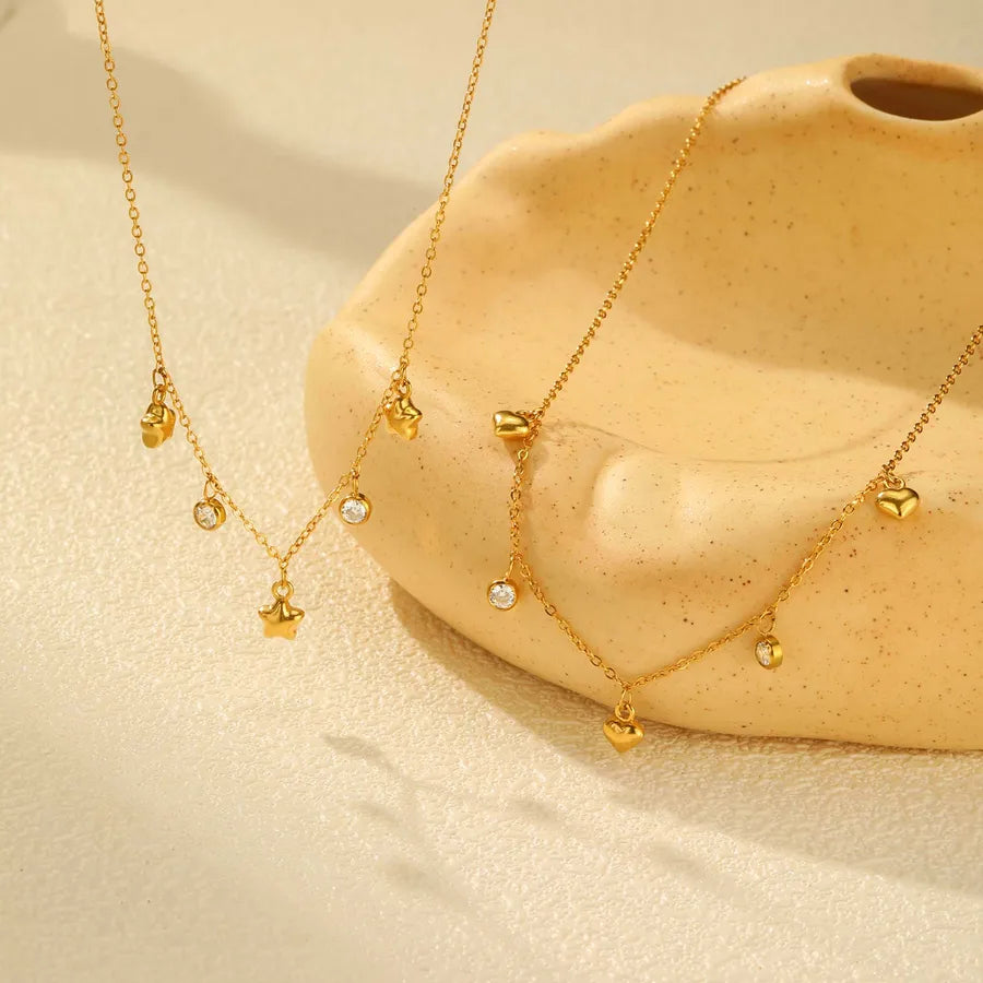 Wholesale Jewelry IG Style Casual Shiny Star Heart Shape 201 Stainless Steel Zircon 18K Gold Plated cable chain Necklace