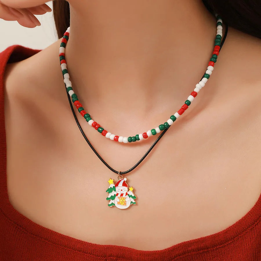 Christmas Themed Double Layered Necklace With Santa Claus Design Glass Beads Clavicle Chain Jewelry Accessory For Unisex Use