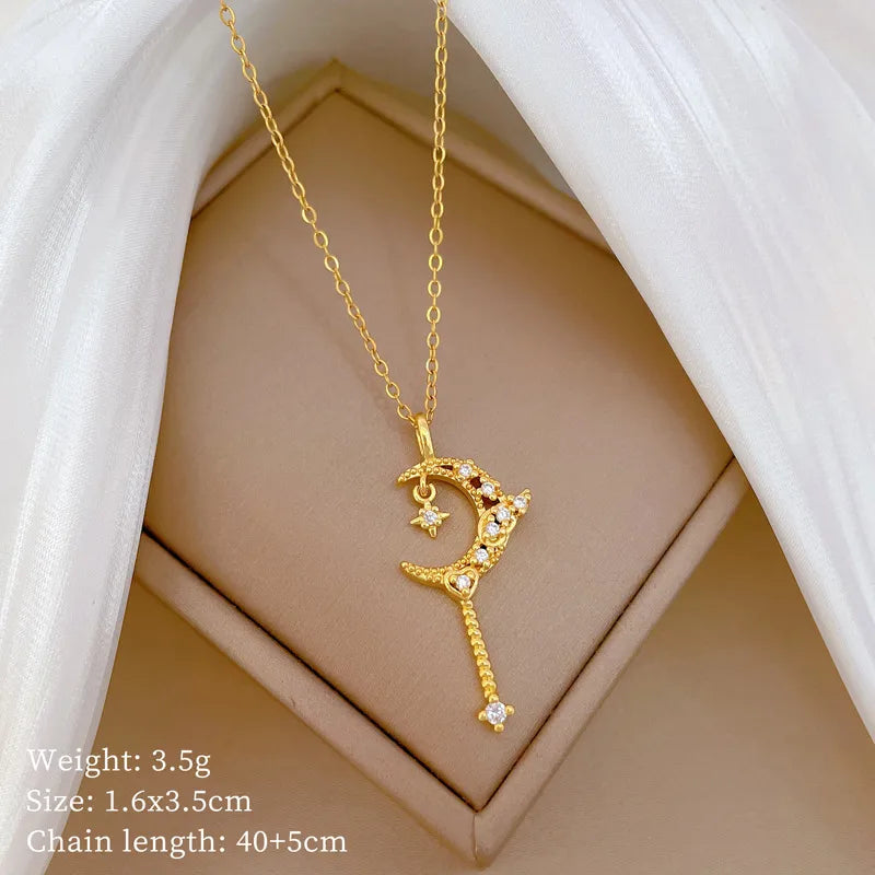 Wholesale Jewelry Vacation Classic Style Moon Titanium Steel Copper Zircon Inlay cable chain Pendant Necklace