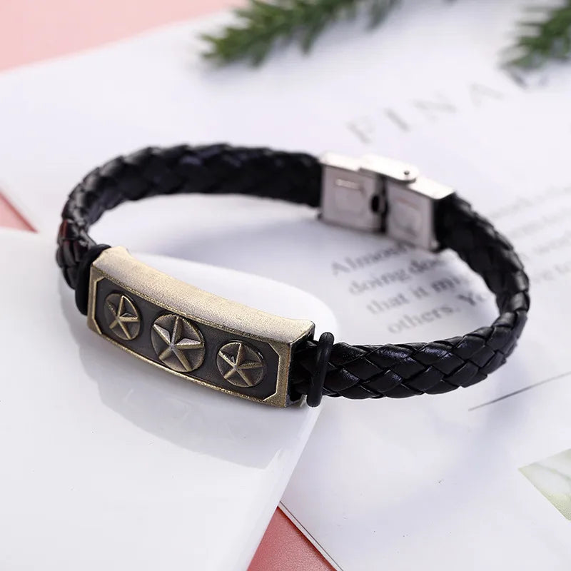 Business Hip-Hop Solid Color 304 Stainless Steel Pu Leather Alloy Men's Bangle Men Cord & Leather Bracelets