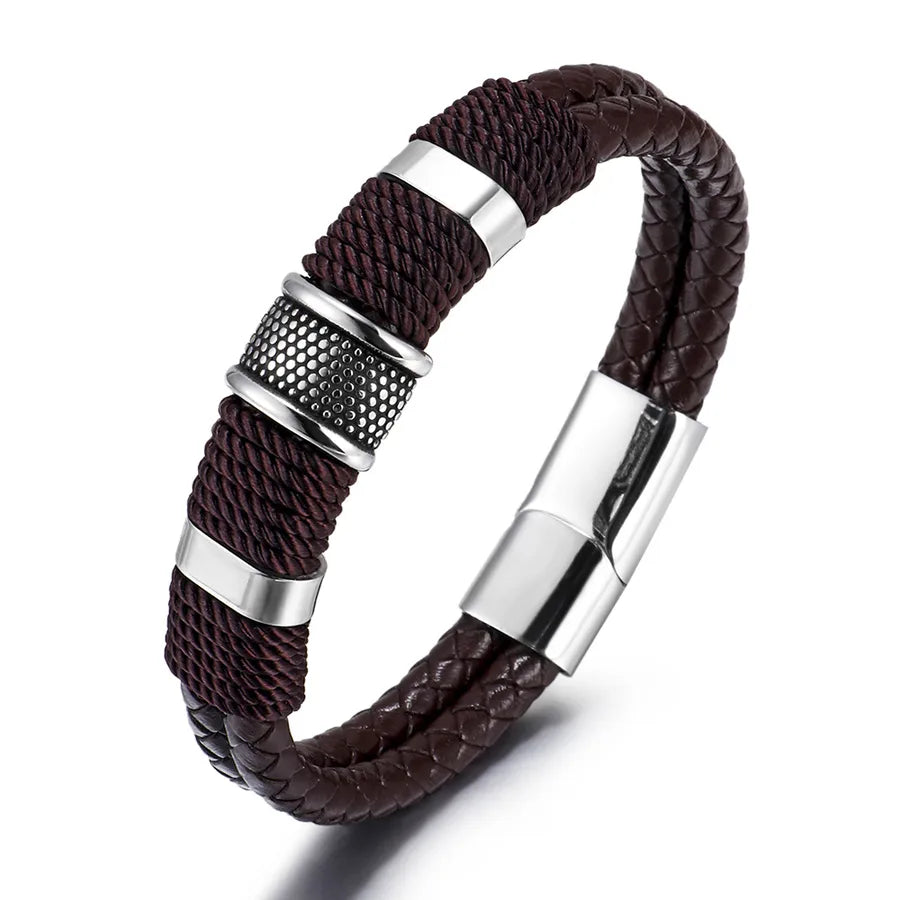 Vintage jewelry wholesale rope bracelet men's double stainless steel hand-woven multi-layer leather bracelet