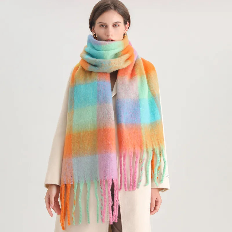 women's casual plaid imitation cashmere tassel scarf