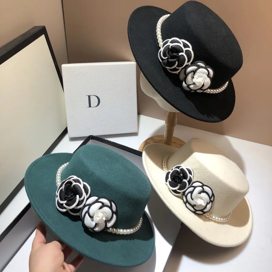 women's elegant retro solid color flowers wide eaves fedora hat