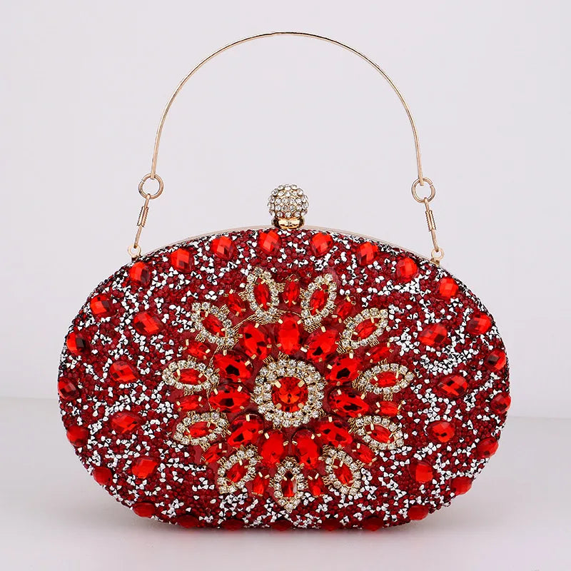 red green blue pu leather polyester flower rhinestone oval evening bags