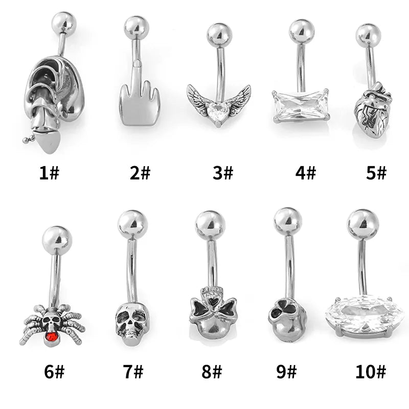 1 Piece Belly Rings Hip-Hop Punk Commute Heart Shape Spider Skull 316L Stainless Steel  Polishing Zircon