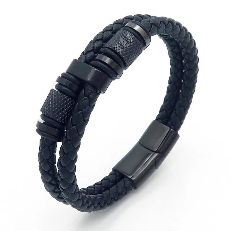 retro geometric pu leather titanium steel knitting plating men's wristband
