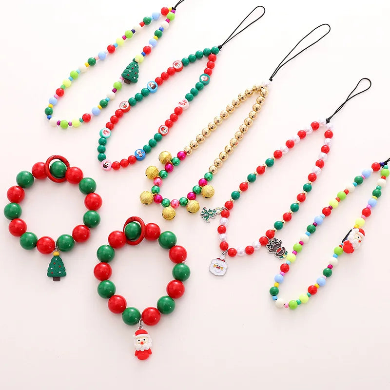 Cute Christmas Tree Bell Arylic Beaded Christmas Mobile Phone Chain