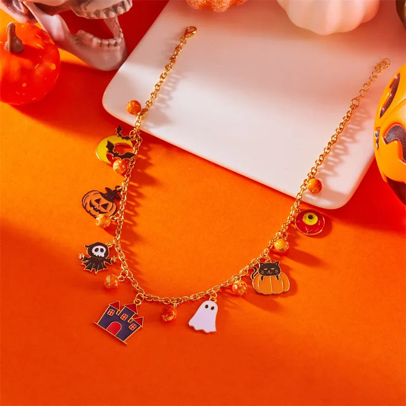 Halloween Themed Cat Pumpkin Cartoon Pendants Dark Style Alloy Necklaces Unisex Festival Atmosphere Sense Joking Jewelry