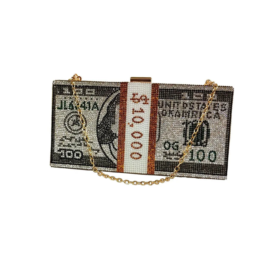 red blue pink plastic rhinestone dollar pattern square clutch evening bag