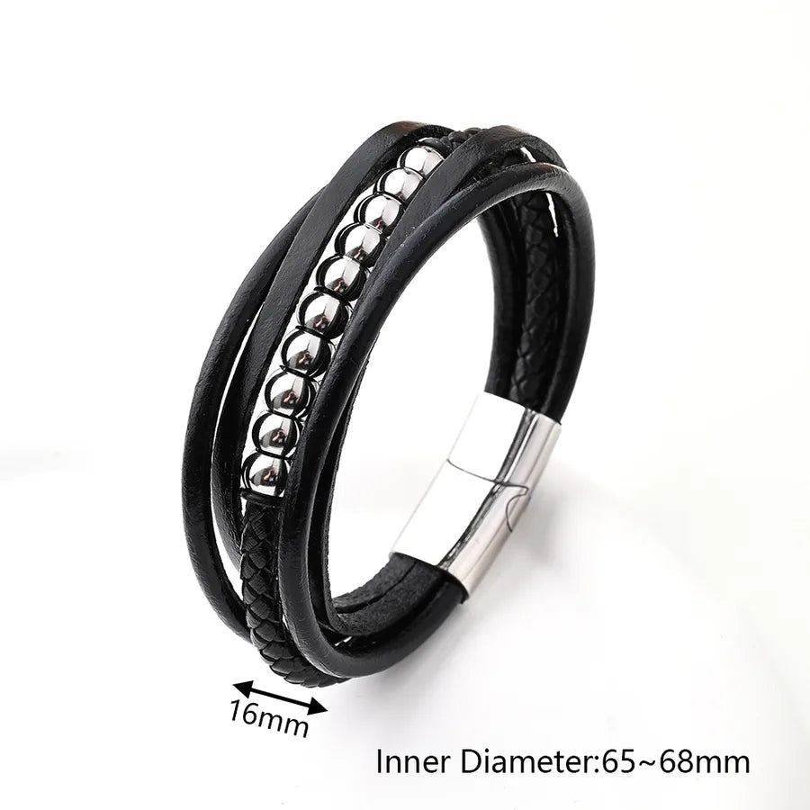 Casual Vacation Streetwear Simple 304 Stainless Steel Genuine Cowhide Leather Wholesale wristband