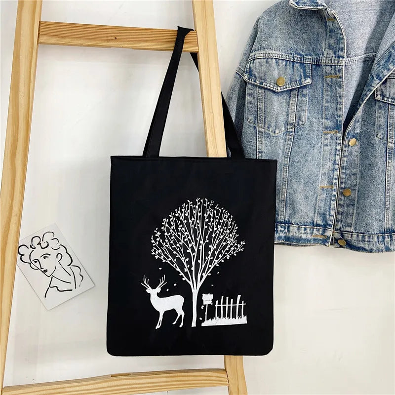 Women's Cute Basic Animal Letter Fruit Canvas Shopping bags