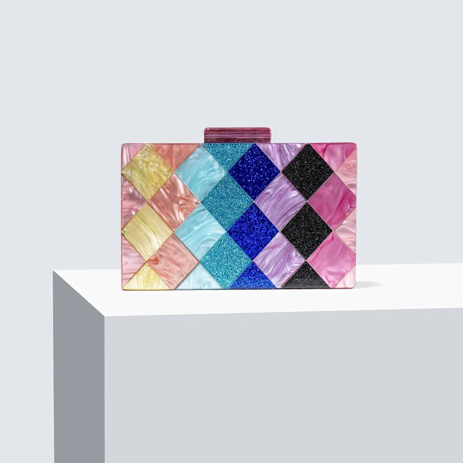 Champagne Orange Purple Arylic Color Block Square Evening Bags