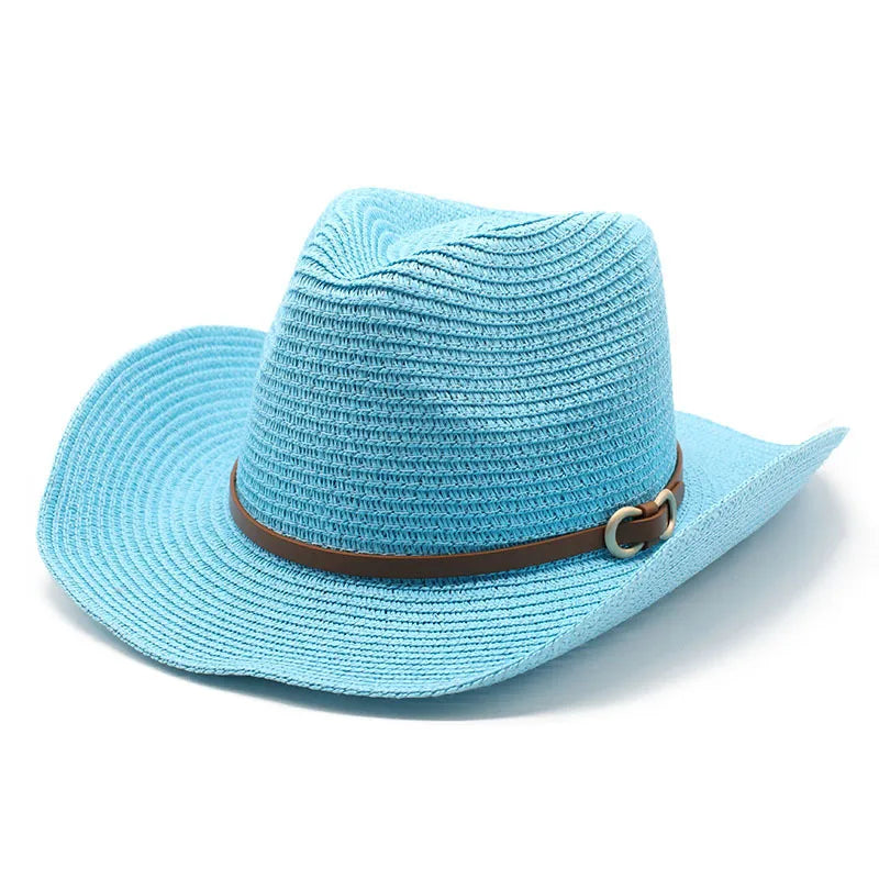 women's cowboy style solid color flat eaves straw hat
