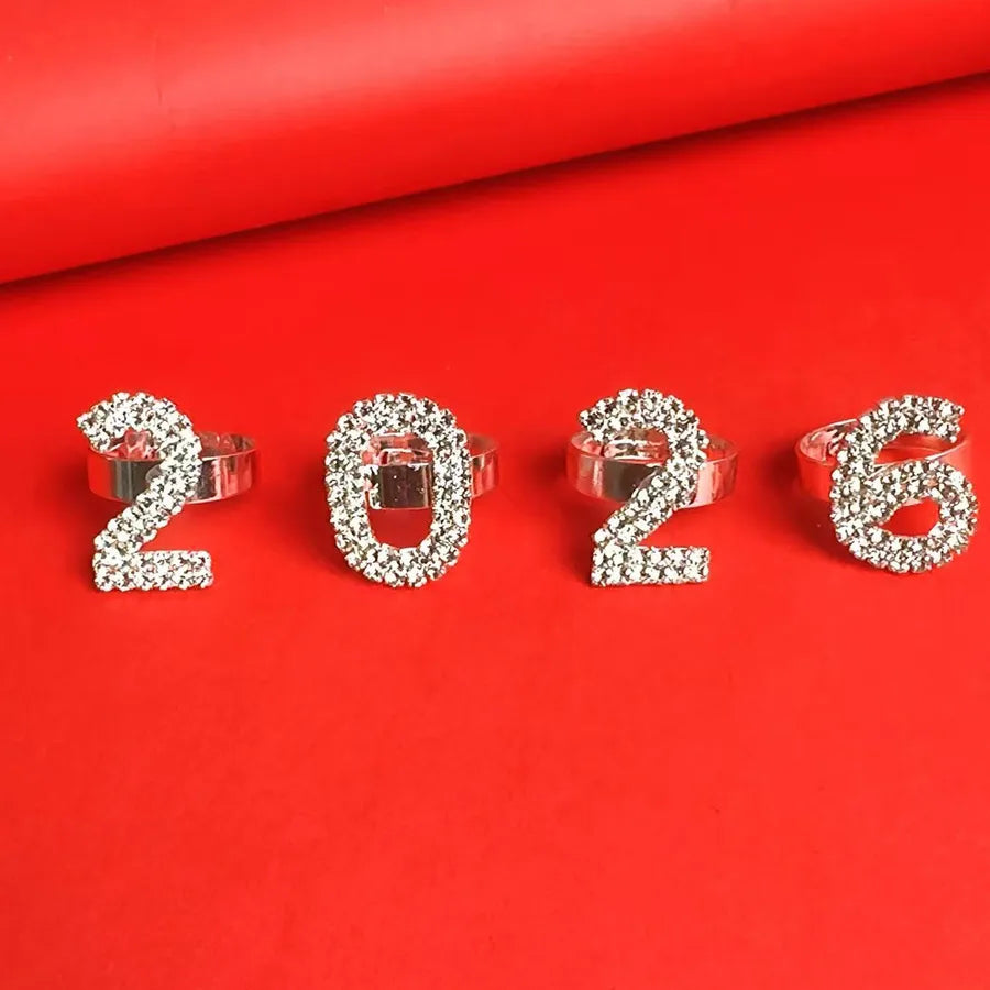 Trendy Personalized Full Diamond 2026 Number Ring Set Adjustable Open Water Diamond Rings Women's Fashionable Letter Design