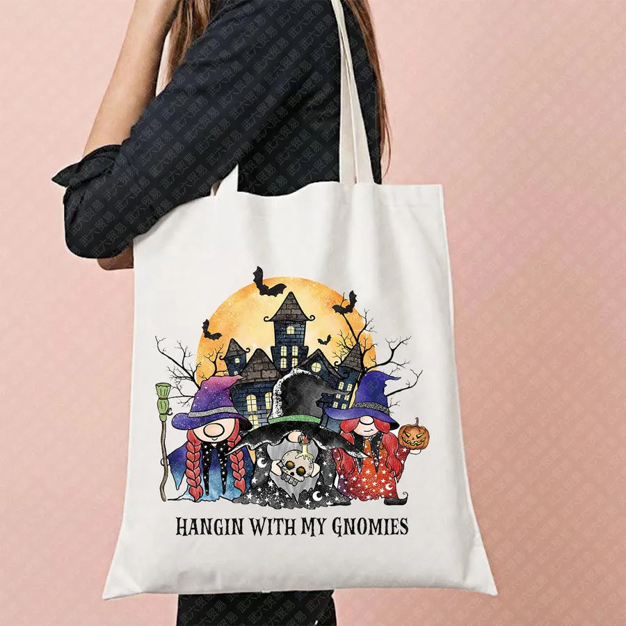 Halloween Movie Pattern Canvas Tote Bag Reusable Shopping Shoulder Bag Travel Large Square Printed Handbag Retro Style Women