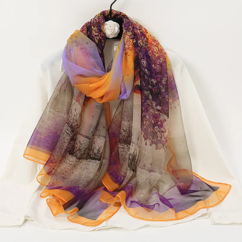women's elegant lady color block high quality yarn printing silk scarf