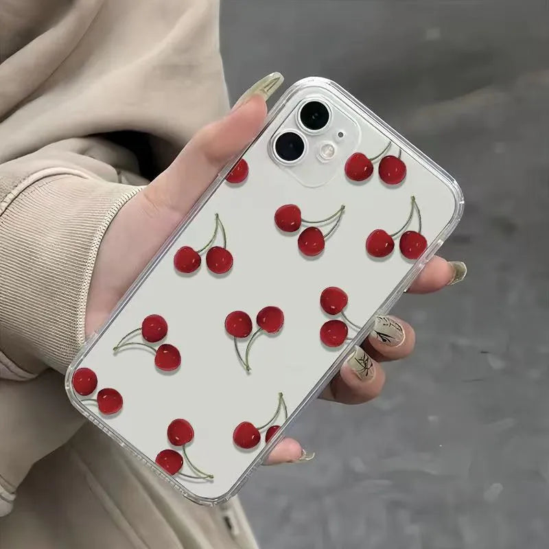 Thickened Transparent Protective Phone Case For iPhone 16 Pro Max Cherry Design Simple Style Anti-Fall Apple 15 Compatible