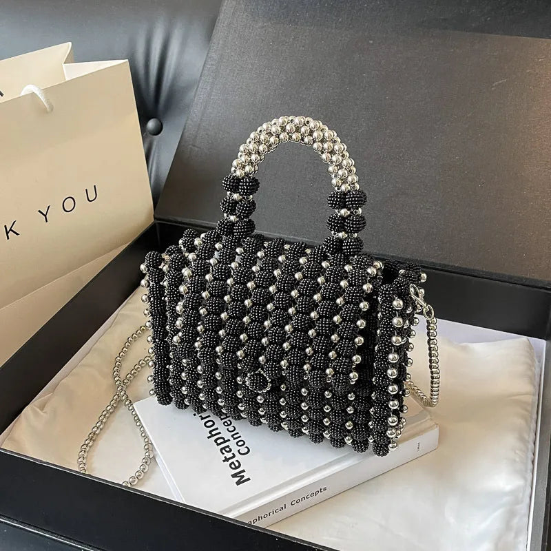 Black Arylic Solid Color Beading Weave Square Evening Bags