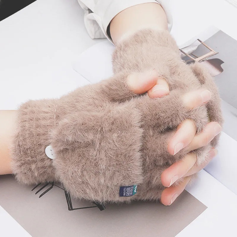 Warm Gloves Men's and Women's Open Finger Learning Flip fleece-lined Winter Outdoor Cold-proof Autumn and Winter Women's Ski Riding Gloves