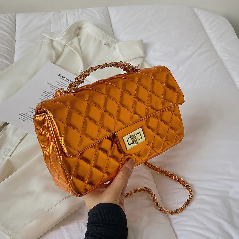 Women's Pu Leather Solid Color Lingge Streetwear Square Flip Cover Lock clasp Shoulder Bag
