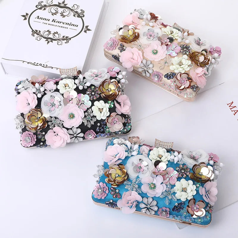 satin flower beading square evening bags