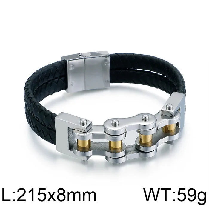 rock punk geometric pu leather titanium steel braid chain men's bangle