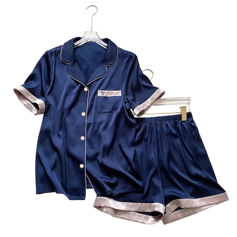 Home Women's Casual Embroidery Heart Shape Satin Shorts Sets Pajama Sets