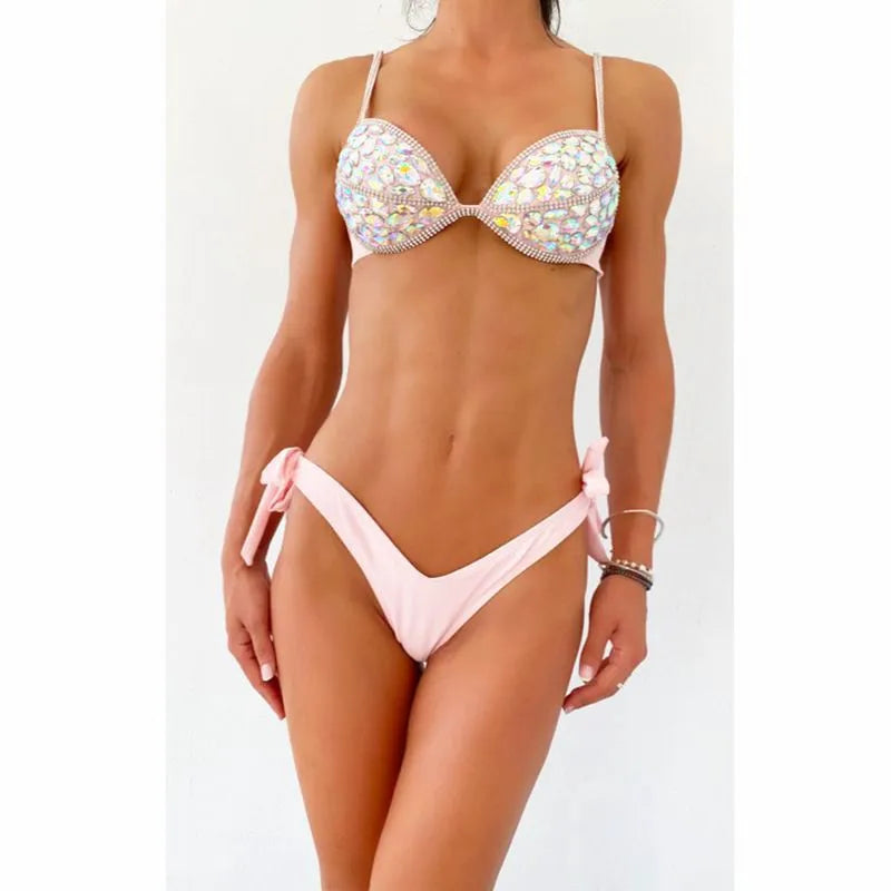 women's solid color rhinestone 2 piece set bikinis