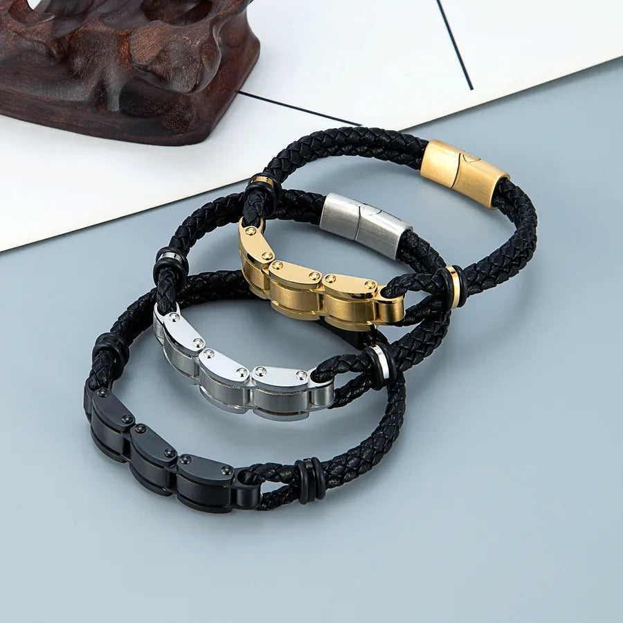 Simple Style Geometric 316L Stainless Steel  Leather Plating Men's Bracelets Men Cord & Leather Bracelets