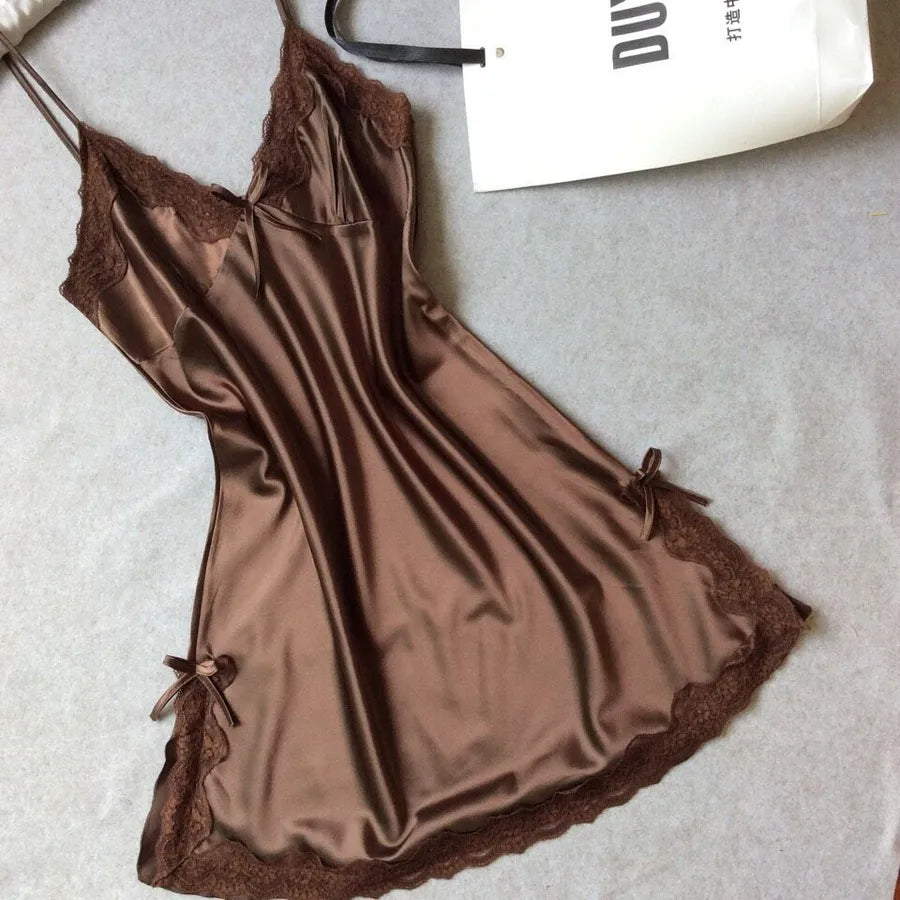 Summer silk-like Ladies sling nightgown sexy V-neck spinning satin pajamas home clothes wholesale agent