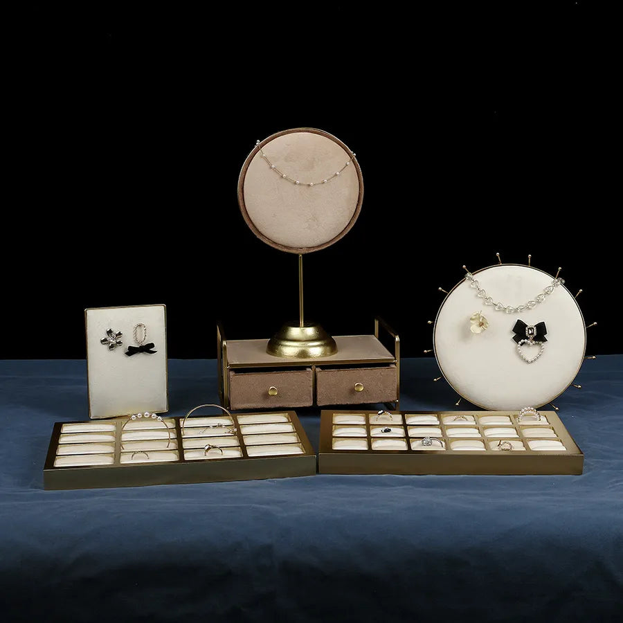 Artistic Velvet And Metal Jewelry Display Stand Necklace Bracelet Ring Tray Set Elegant Jewelry Box For Fashion Accessories