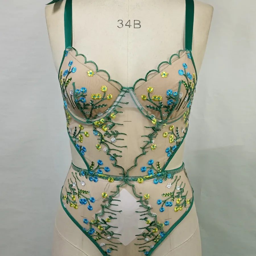 Women's Sexy Sweet Flower Home Wireless Bra Mid Waist See-Through Sexy Lingerie