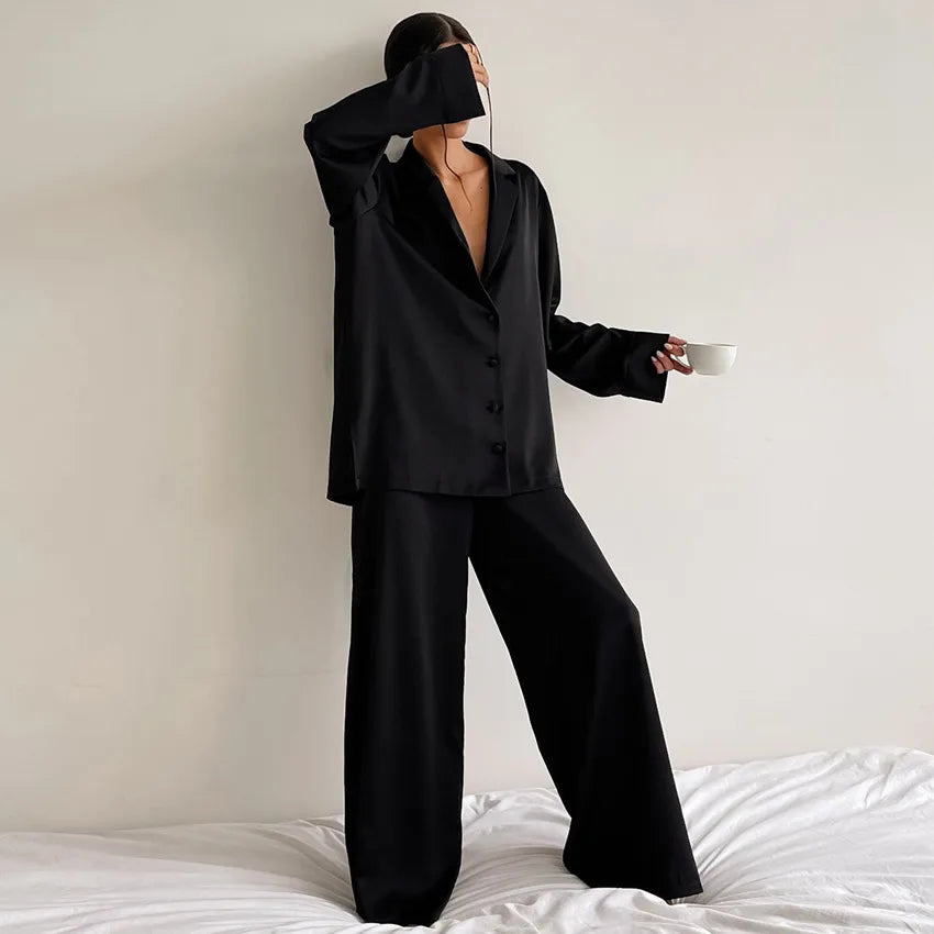 women's fashion solid color imitated silk polyester pants sets
