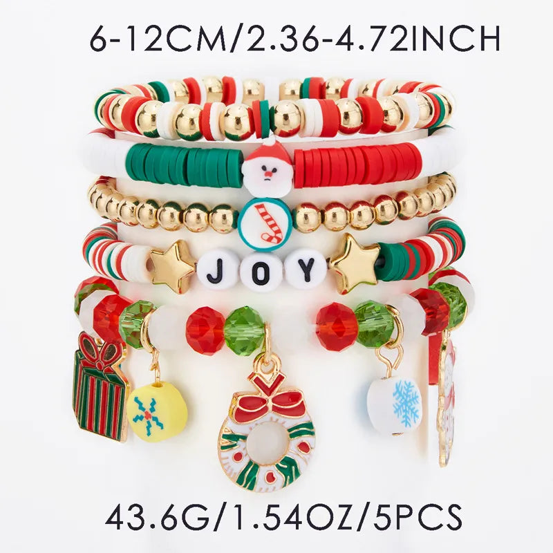 Christmas Theme Bracelet Set Santa Claus Christmas Tree Flower Ring Snowflake Cane Candy Crystal Beads Festival Jewelry