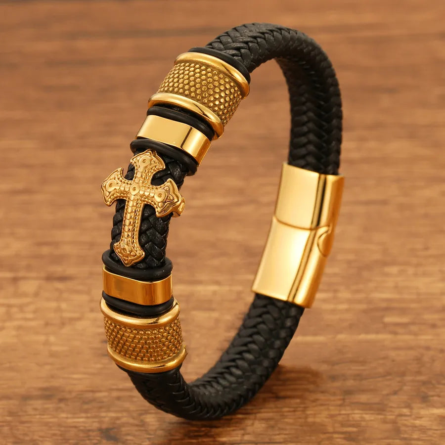 Hot Sale Leather Handmade Bracelet Authentic Leather Weave Gold Cross Men's Leather Bracelet Retro Fashion